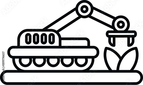 Robotic vehicle with an automated arm harvesting a plant, symbolizing smart farming technology