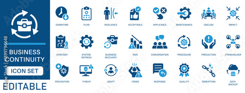 Business continuity icon set. featuring risk management, crisis response, disaster recovery, resilience, prevention, data backup, maintenance, operational planning  and more icons.
