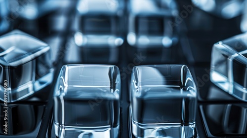 Closeup of Transparent Ice Cubes on Dark Surface in Studio Lighting