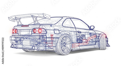 Detailed Blueprint Sketch of a Sports Car.