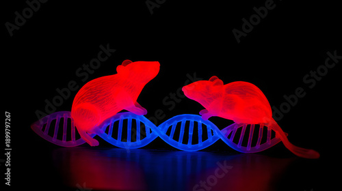 mutation. Two glowing mouse silhouettes connected by a DNA helix to their offspring, illustrating reproductive science. STEM education sheets.