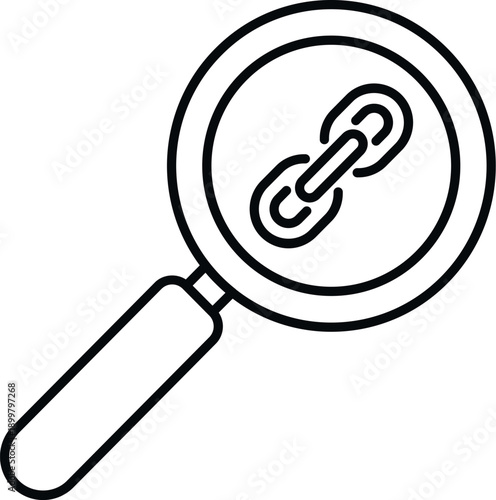 Magnifying glass searching a chain link symbolizing backlink and seo