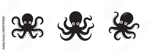 Set of three different octopus creatures rendered as solid black shapes with curled tentacles on white background