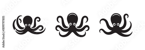 Various cute black and white cartoon octopus icons featuring expressive eyes in simple adorable minimalist styles