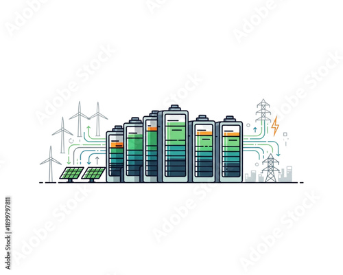 Utility-scale energy storage system vector. Industrial battery farm connected to wind turbines, solar panels and power grid towers. Renewable electricity distribution and infrastructure concept.