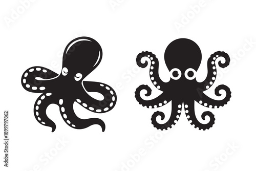Two detailed black octopus vector graphics showing tentacles with suction cups isolated on white