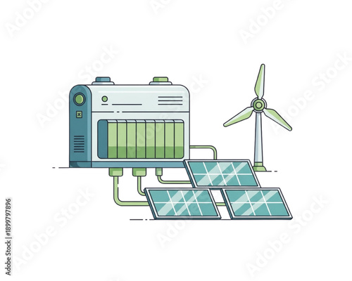 Hybrid renewable energy system vector. Large battery storage unit connected to solar panels and wind turbine. Green electricity generation, power backup and sustainable technology concept.