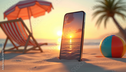 Smartphone rests on sandy beach near striped chair and ball. Sun sets over ocean reflecting on screen. Palm tree and umbrella complete tropical vacation scene.