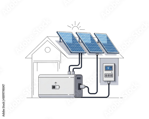 Home solar energy system vector. Roof photovoltaic panels connected to battery storage and inverter. Residential renewable electricity, power backup and sustainable technology concept.