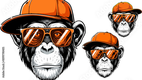 Cool chimpanzee wearing an orange baseball cap and reflective sunglasses illustrates street style fashion art