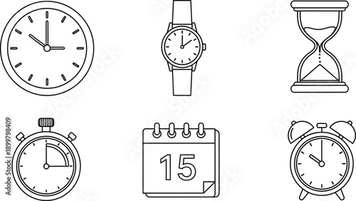 Collection of timekeeping icons including a clock wristwatch hourglass stopwatch calendar and alarm clock in a simple outline vector style for concept design