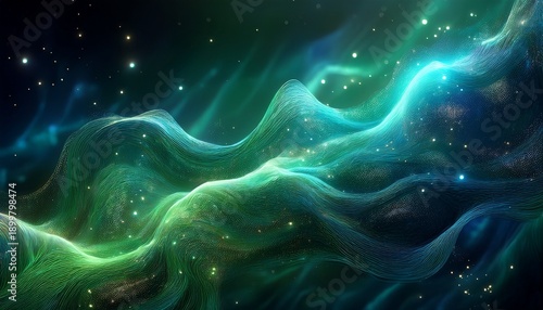 abstract green and blue wavy nebula with particles