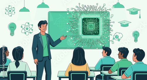 Modern education classroom with instructor teaching about future technology advancements and