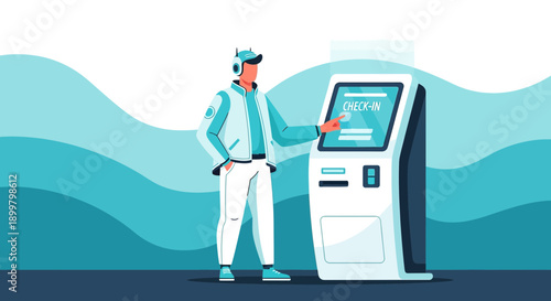 Modern Man Utilizing a Self-Service Check-In Kiosk for Streamlined Efficiency and Convenience