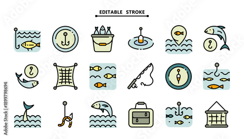 Fishing Equipment Icon Set: Color Flat Vectors for Rod, Net, Bait and Fishing Tackle