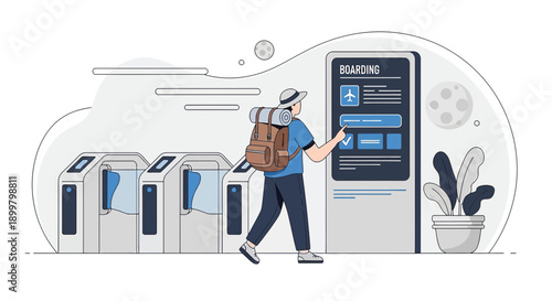 Modern Traveler Interacting with Self-Service Kiosk at Airport for Expedited Boarding