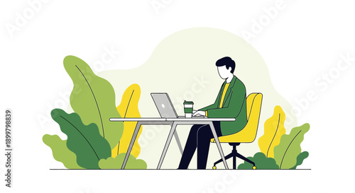 Modern workspace illustration showcasing a remote worker surrounded by greenery and productivity