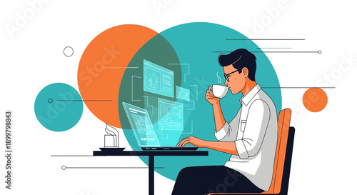 Modern workplace: Young professional at computer drinking coffee with overlay graphics