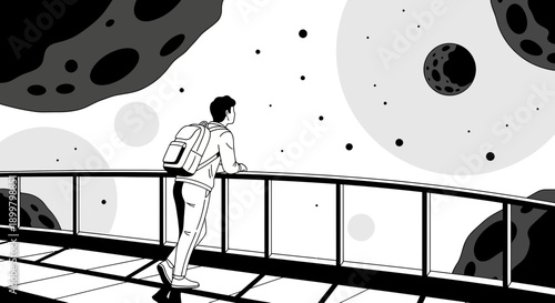 Monochrome exploration astronautics: Pondering the cosmos from a futuristic observation deck in