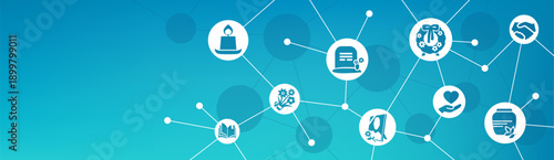 Funeral services vector illustration. Blue banner with icons related to cemetery / burial / memorial / cremation - examples of funeral home services - bereavement, funeral arrangements, remembrance.