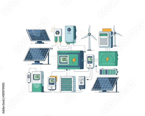 Renewable Energy Icons Set Illustration with Solar Panels, Wind Turbine, Battery Storage, Inverter, EV Charger and Smart Grid Devices, Clean Power Technology Collection Flat Vector