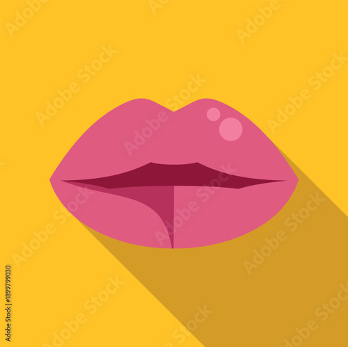 Pink lips icon with long shadow on bright yellow background
