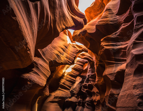 Antelope Canyon sandstone slot canyon in Arizona with smooth rock walls and flowing shapes. Famous desert canyon formed by erosion, popular natural landmark for travel and nature concepts.