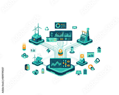 Isometric IoT Smart Energy Management Dashboard with Renewable Sources - Flat Vector Illustration for Sustainable Tech Concept