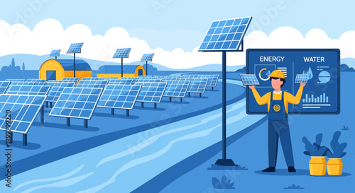 Engineer monitoring solar panel energy production data.
