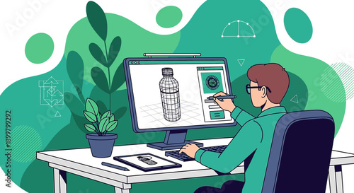Person designing eco-friendly bottle packaging using digital tools for sustainable solution
