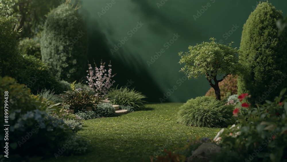 Fototapeta premium Beautiful Garden Pathway With Green Trees and Colorful Plants in Soft Natural Light