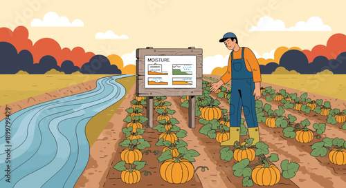 Farmer checking crop data on a digital display in a pumpkin field.
