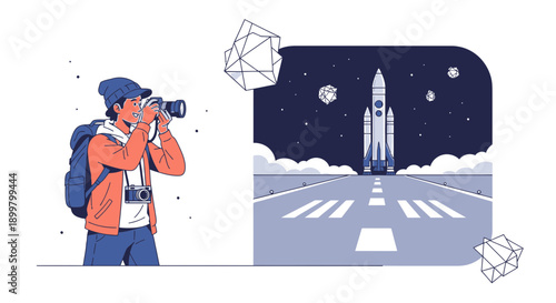 Photographer capturing rocket launch, showcasing travel and scientific exploration through