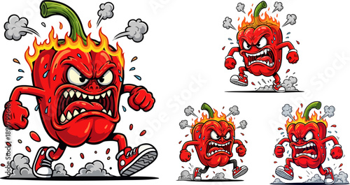 Fiery cartoon red chili pepper mascot character experiencing intense rage and excessive spicy heat illustration
