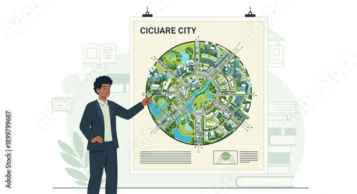 Presentation of a modern urban planning project with a circular city layout concept