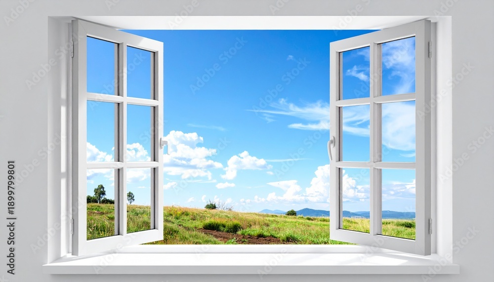 Fototapeta premium Offenes Fenster mit blauem Himmel