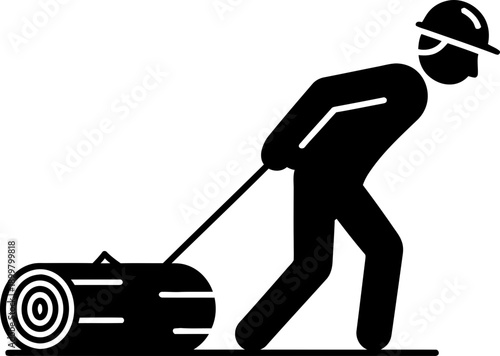 Man with hard hat pulling heavy log. Lumberjack man in flat black silhouette style concept. Vector icon for forestry industry design