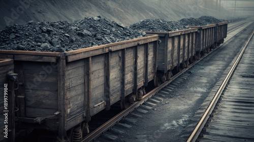 Line of old coal wagons carrying a heavy mineral load on train tracks