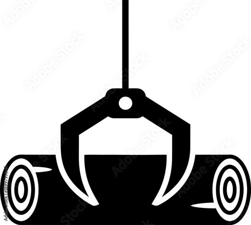 Lifting logging grabber crane holds a cut log. Timber industry equipment for harvest and deforestation. Industrial wood grab. Vector icon