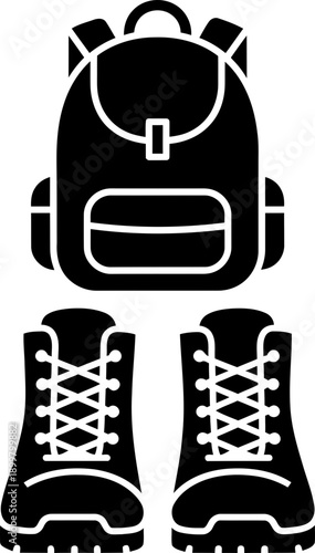Backpack and hiking boot symbol set. Outdoor adventure and travel footwear. Mountaineering or camping equipment. Vector icon design for app print