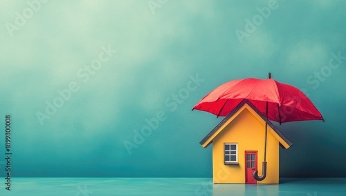 Photo of a red umbrella providing protection to an illustration of a house on a blue background, symbolizing home insurance in the style of Poppy.