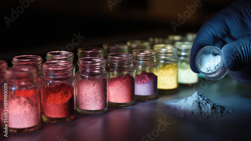 Gloved hand holding a small vial of glowing phosphorescent powder sample