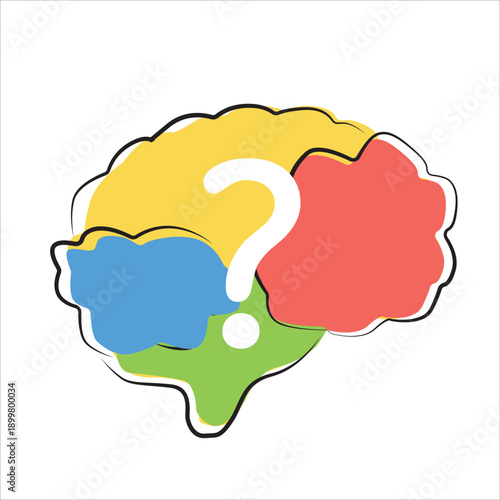 Colorful Brain with Question Mark in Flat Vector Style Symbolizing Curiosity, Cognitive Health, and Mental Training