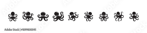 Collection of cute black octopus icons illustrating different simple poses and shapes