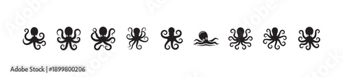 Set of black octopus icons and simple graphic silhouettes for sea life design projects