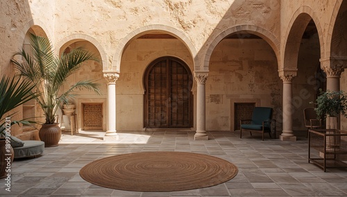 Elegant Courtyard With Arches and Plants Features a Wooden Door and Simple Decor