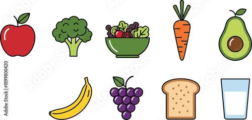 Collection of healthy food icons including fruits vegetables bread and milk for nutrition and diet concepts flat design vector illustration