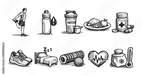Hand drawn sketch illustration of health and fitness elements. Includes stretching, nutrition, medicine, exercise, sleep, and health monitoring, ideal for blogs or websites.