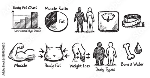 Hand-drawn sketch illustrating body composition elements like muscle, fat, body fat percentage, bone, and water, with chart, body types. Useful for health, fitness, and diet content.