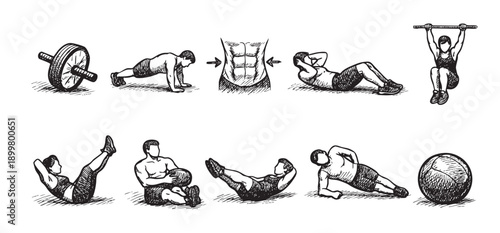 Hand-drawn sketches of various core exercises: ab wheel, crunches, plank, leg raises, exercise ball, Russian twists. Useful for workout infographics, posters or gym related designs.